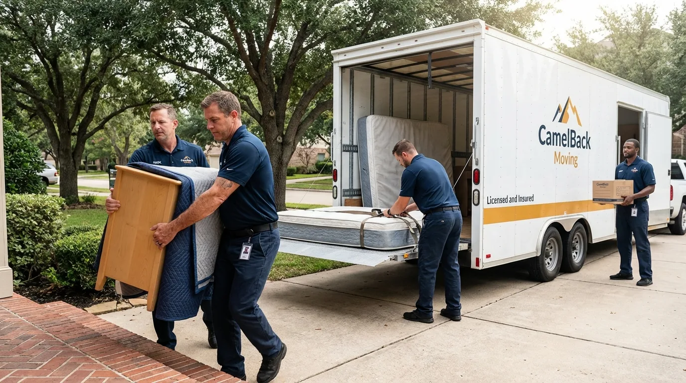 Crew loading residential truck for cross-state move from Lehigh Acres, FL