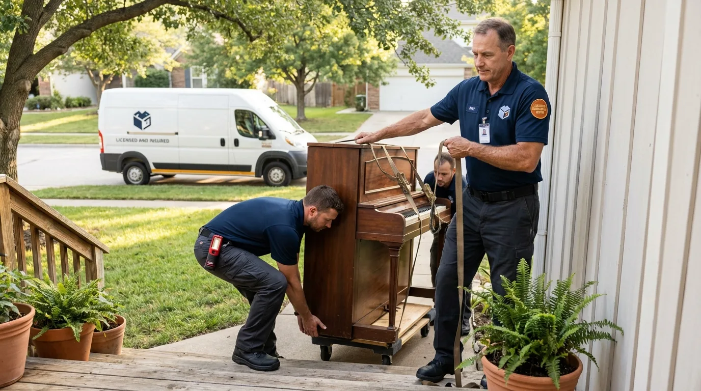 Licensed piano movers securing grand piano in Lehigh Acres, FL