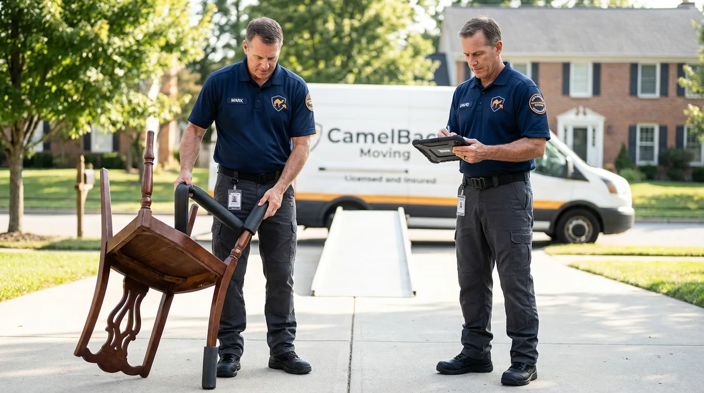 Movers inspecting furniture for damage prevention before loading in Lehigh Acres, FL