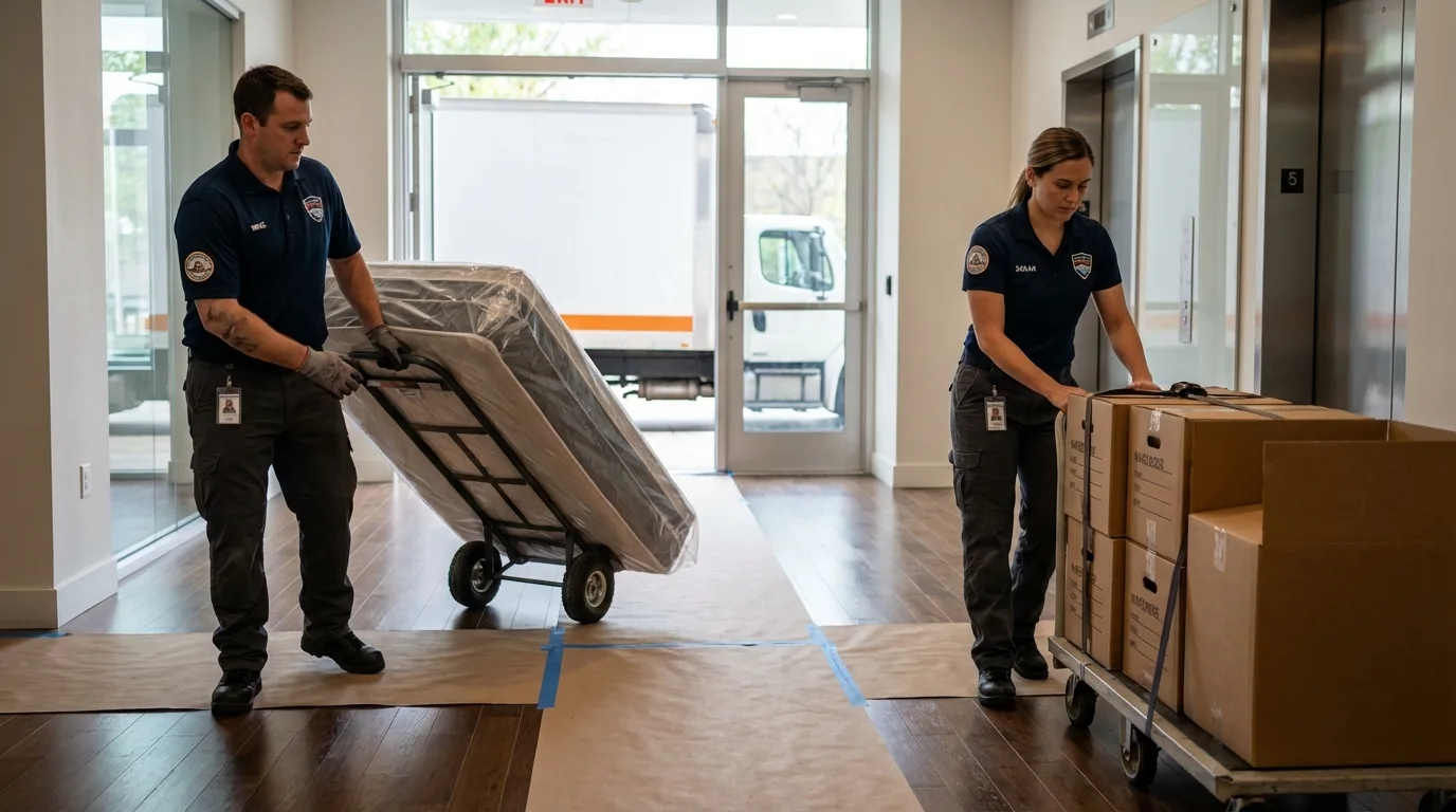 Professional apartment movers loading elevator in Lehigh Acres, FL
