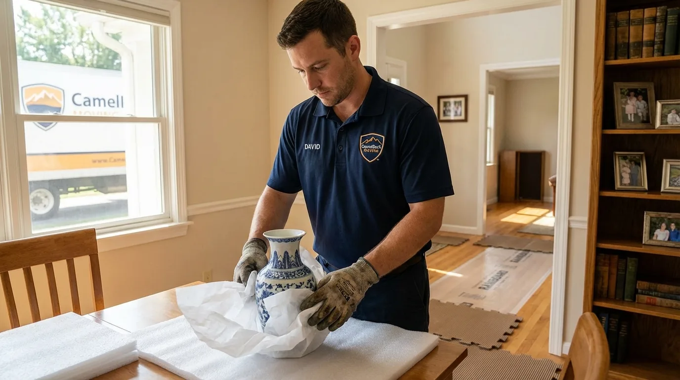 Professional crew carefully wrapping antique vase for senior downsizing move in Lehigh Acres, FL